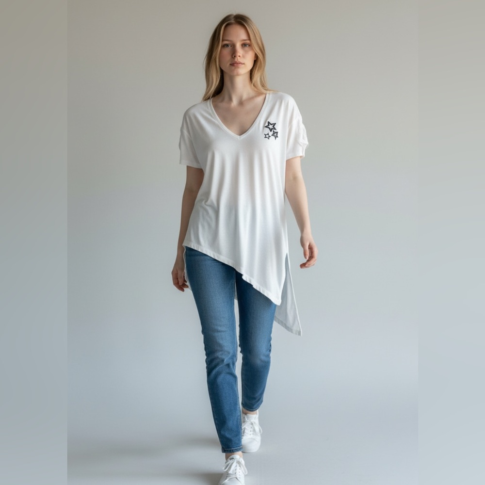 Free People We The Free Vintage White Asymmetrical Hem Short Sleeve Tunic Top